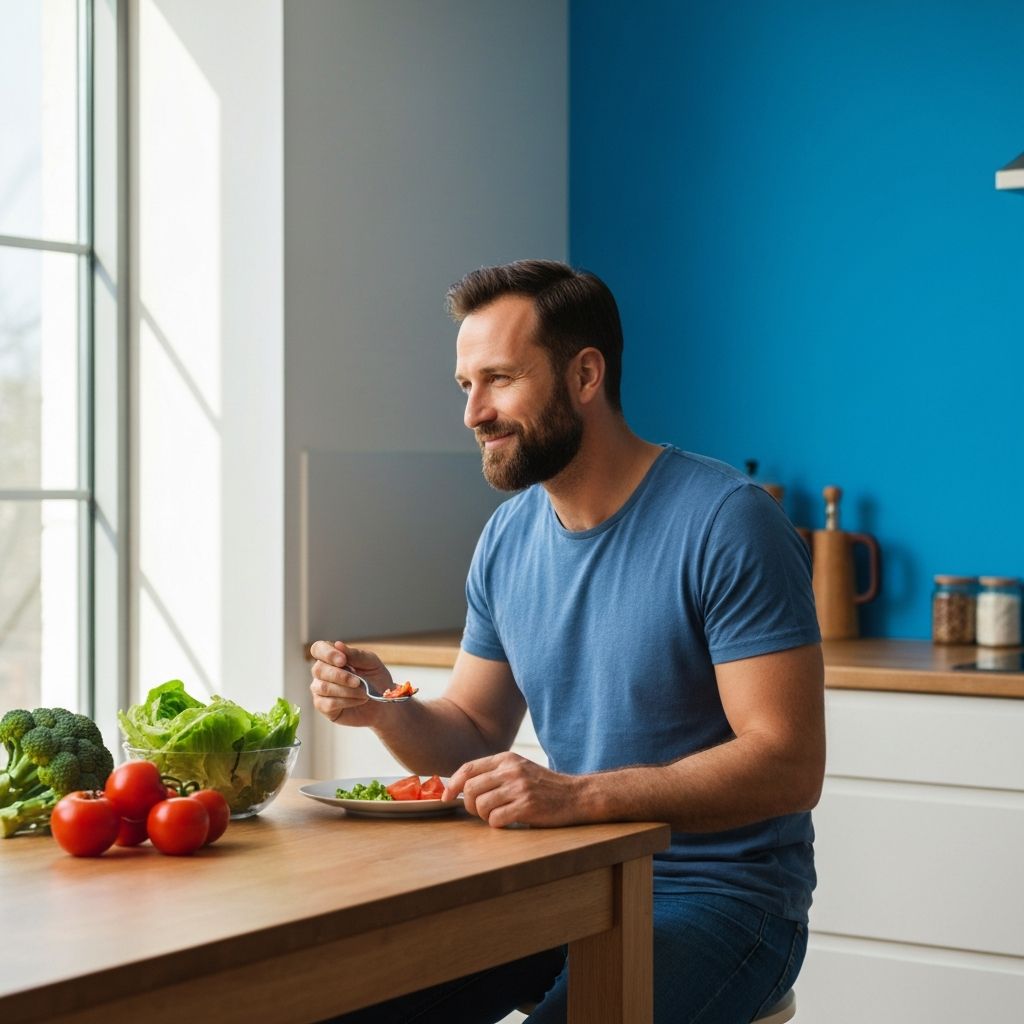 Man enjoying a healthy meal at a clean kitchen table with fresh ingredients